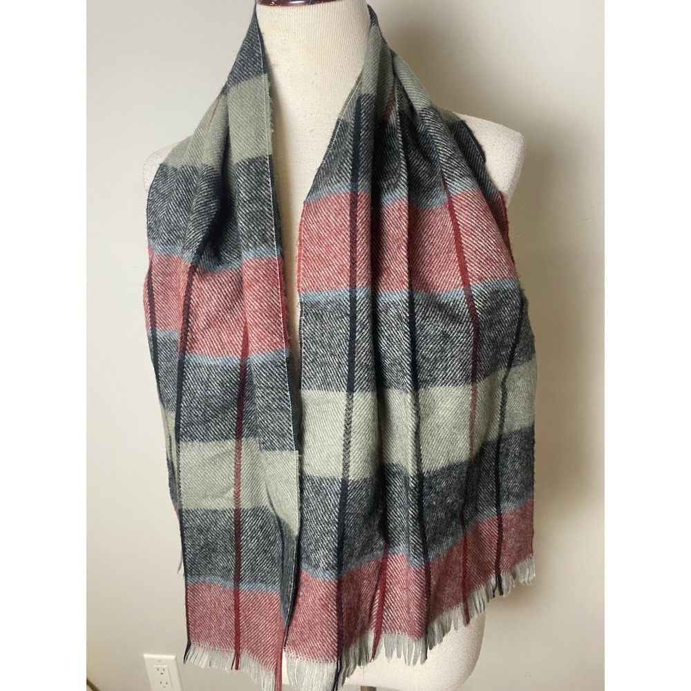 Vintage Plaid Scarf Cashmere Finish Grey Red Check Fringed Korea RN 13962